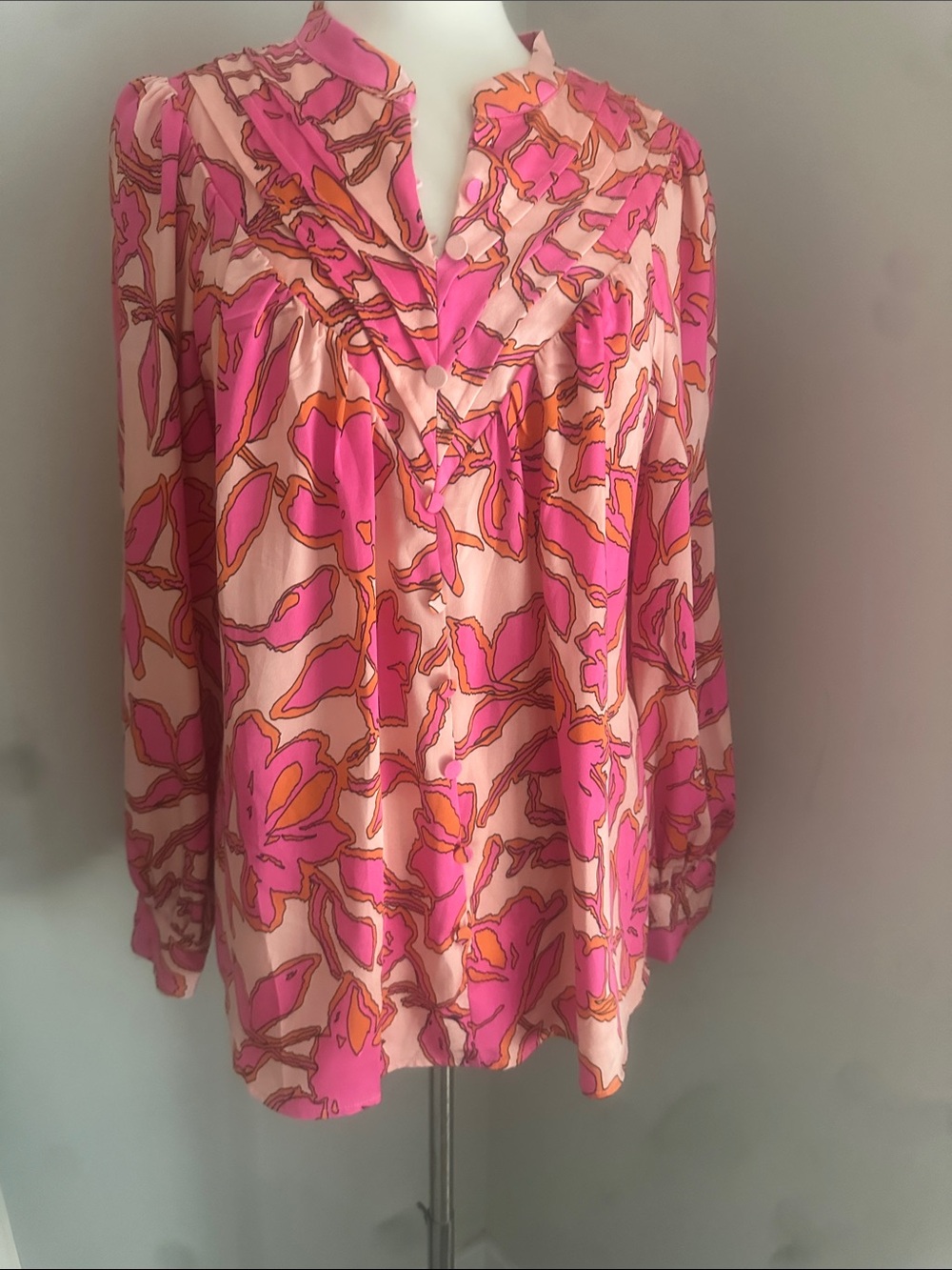 Pink Abstract Floral V-Neck Long-Sleeve Blouse